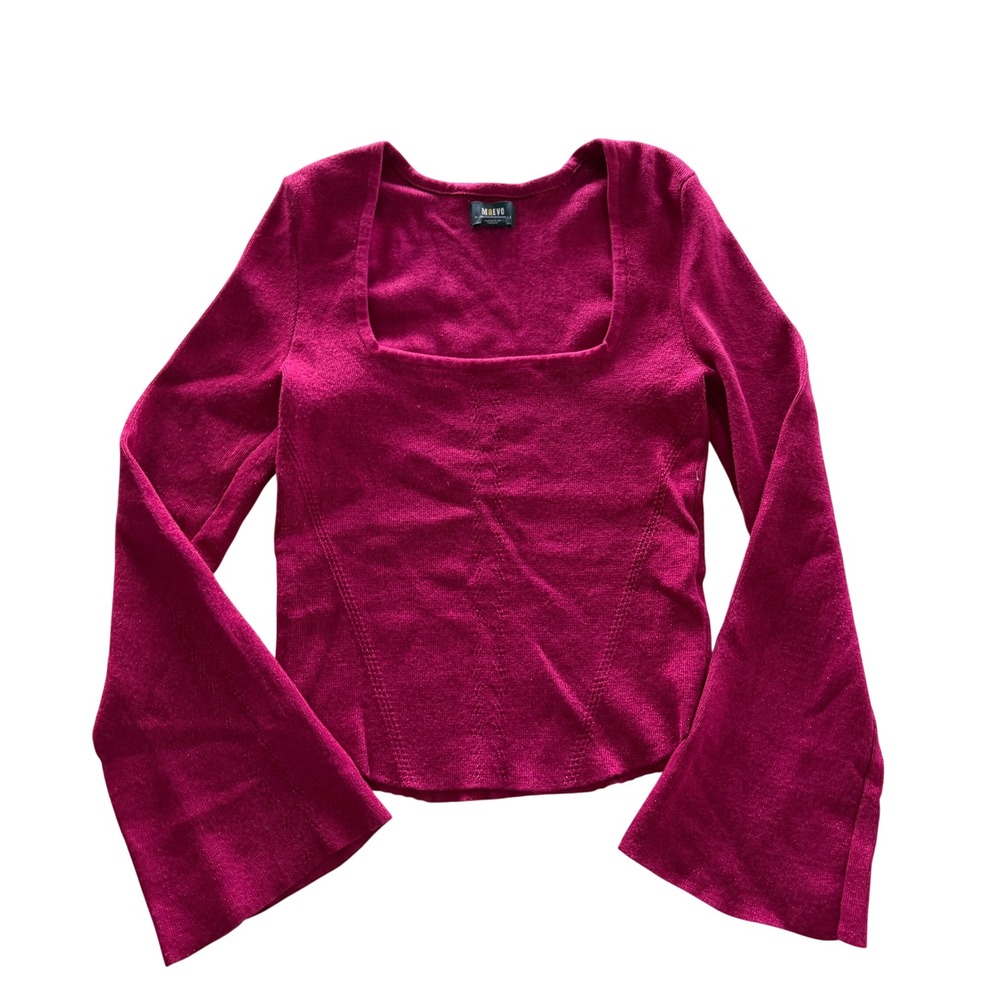 Maeve Anthropologie Magenta Pink Metallic Knit Square Neck Bell Sleeve Top M
